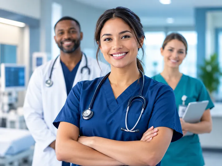 Three smiling clinicians in scrubs and a white coat standing in a hospital ward